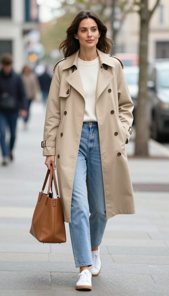 10. Trench Coat + Light Wash Jeans + White Sneakers