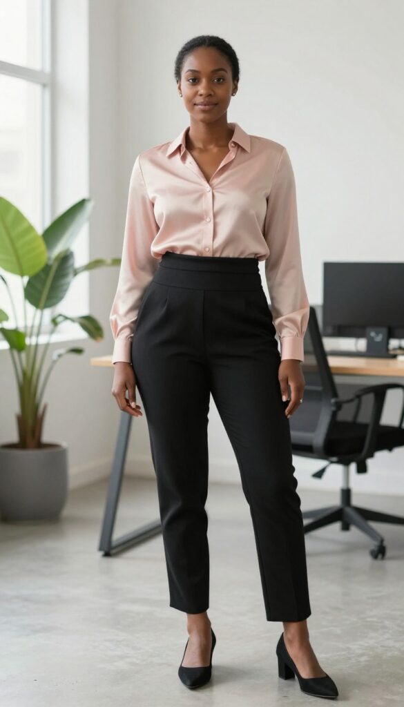 1. Stretchy Ponte Pants + Flowy Blouse