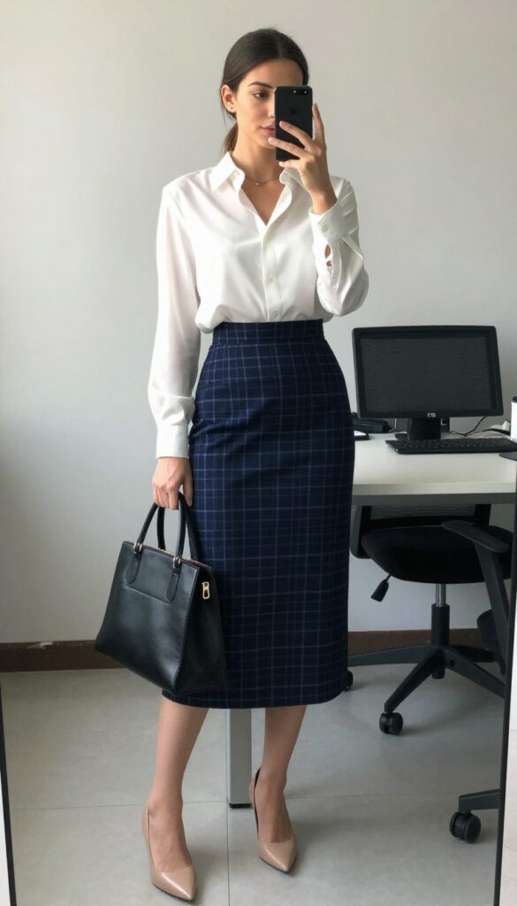13. Gingham or Plaid Skirt with a Solid Blouse