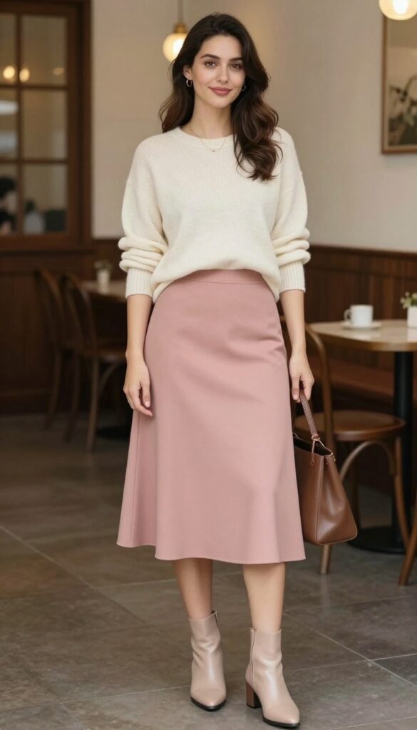 Woman in dusty rose midi skirt and cream cashmere sweater, nude ankle boots, structured tote, gold jewelry, standing in elegant indoor setting.