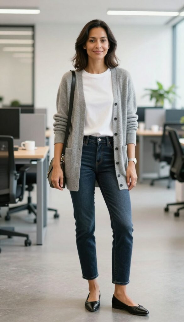 4. Cashmere Cardigan + Slim Jeans + Ballet Flats