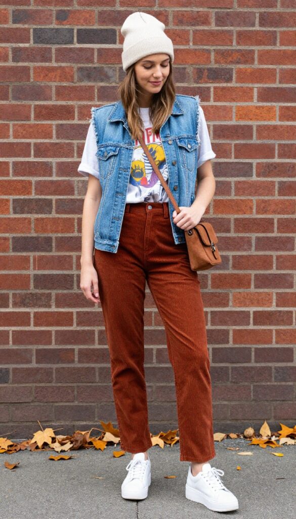 6. Corduroy Pants with a Graphic Tee and a Denim Vest