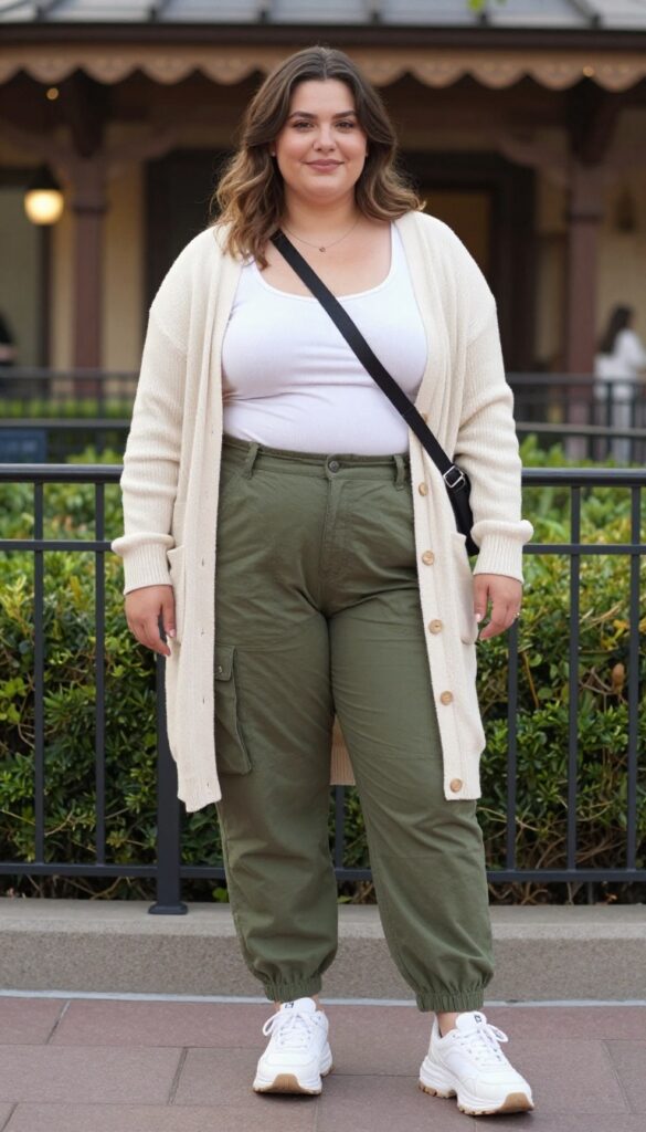 7. Cargo Pants with a Fitted Tank and Lightweight Cardigan