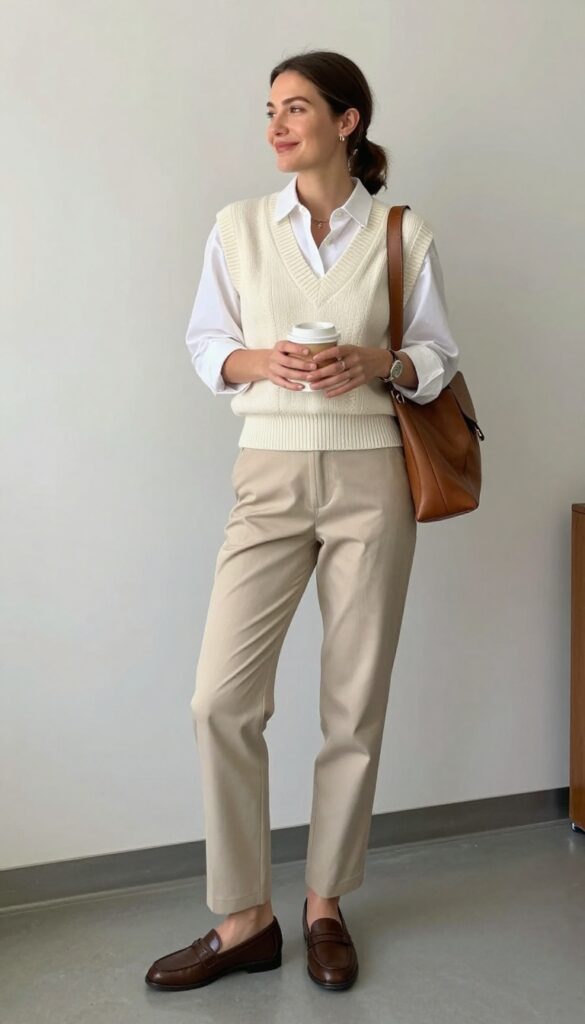 7. Knit Vest + White Shirt + Straight-Leg Pants