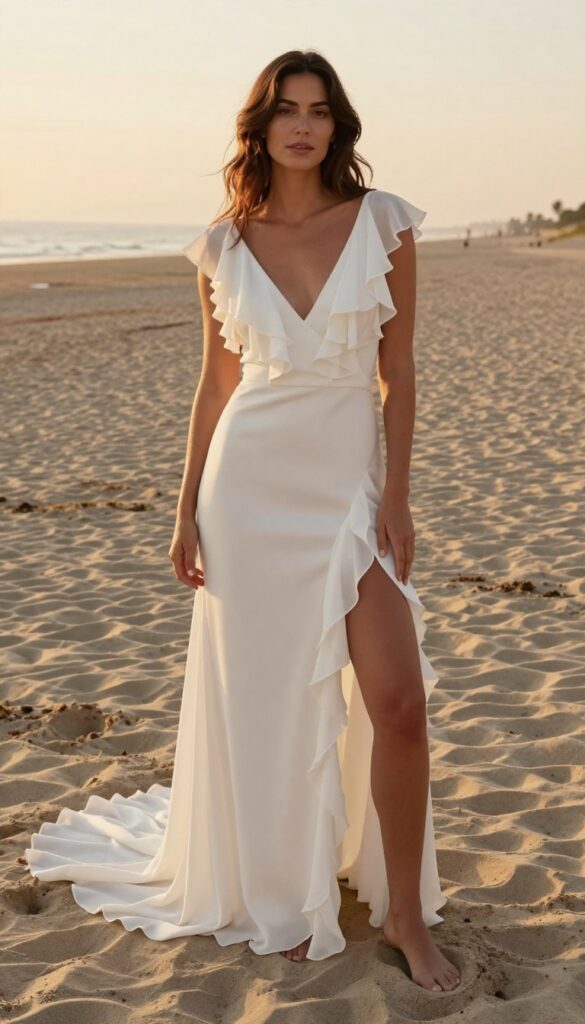 Woman in white wedding dress with layered ruffle sleeves and cascade train on beach at sunset