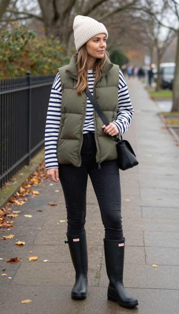 2. Olive Green Puffer Vest + Long-Sleeve Striped Tee + Black Skinny Jeans + Hunter Boots