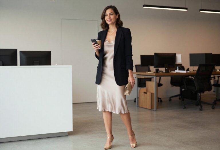 Woman in blazer and slip dress holding coffee and phone in office lobby