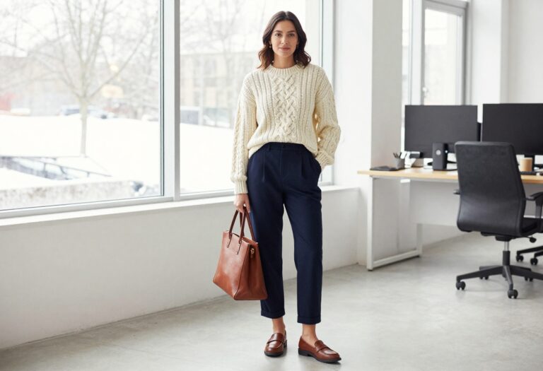Woman in chunky sweater and tailored trousers standing in a bright office with snowy view