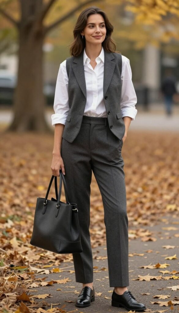 12. Tailored Vest + Button-Down Shirt + Straight-Leg Trousers + Oxfords