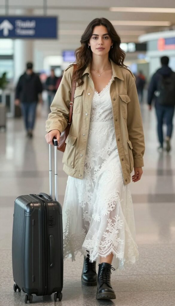 A young woman in a white lace long-sleeve wedding dress with a khaki utility jacket, black combat boots, and a leather backpack, standing at an airport terminal with a suitcase, looking relaxed and ready to travel.