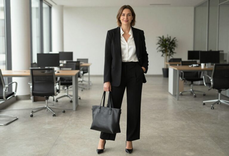 Woman in black blazer and wide-leg trousers standing in office lobby