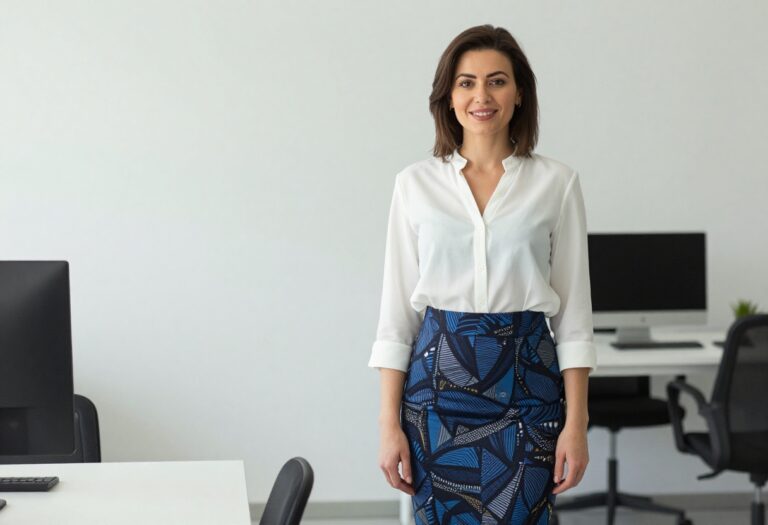 Woman wearing Ankara pencil skirt and white blouse in office setting