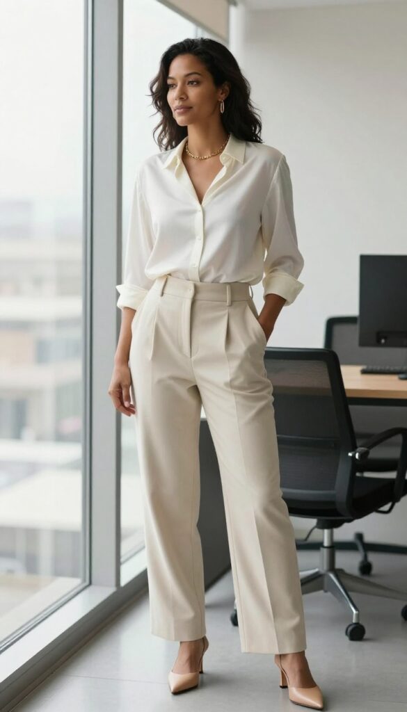 4. Silk Blouse and High-Waisted Trousers