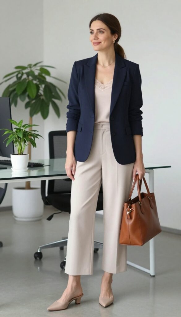 4. Lace-Trim Camisole + Blazer + Cropped Pants