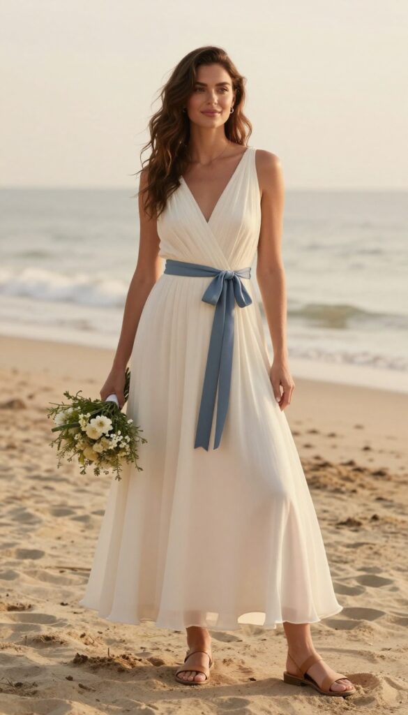 A relaxed bride in an empire waist chiffon wedding dress with a flowy skirt, standing on a sandy beach at golden hour, wearing a dusty blue ribbon belt and flat leather sandals, with loose waves and a wildflower bouquet.