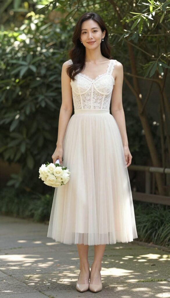 Woman in white lace corset top and ivory tulle tea-length skirt with pearl necklace and nude block-heel pumps, holding a white rose bouquet in a sunlit garden.