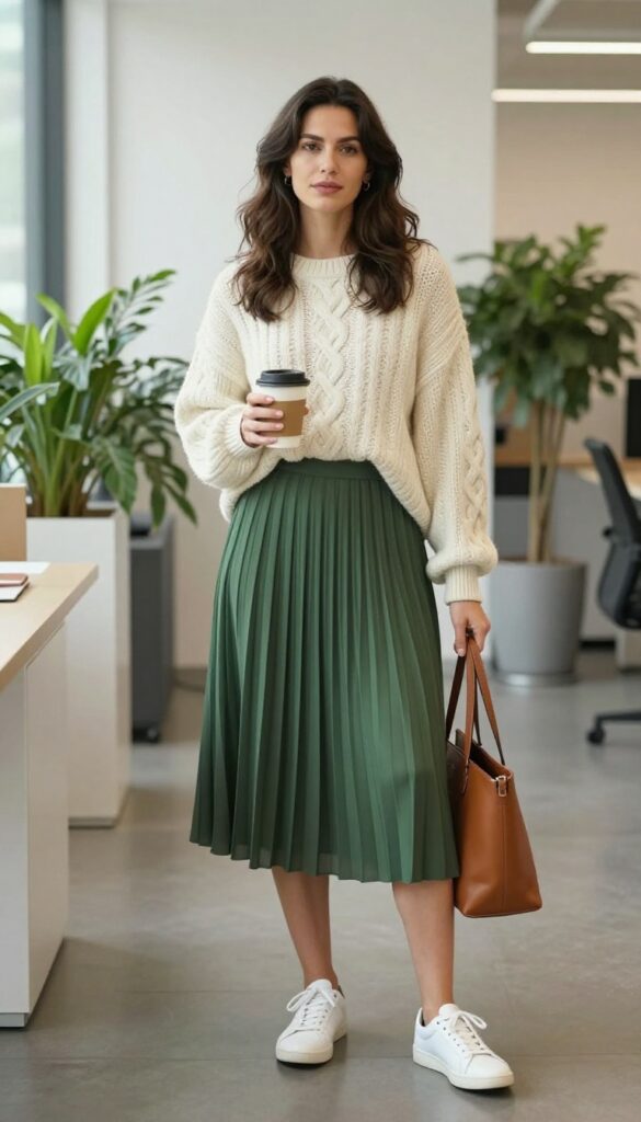 6. Oversized Sweater + Pleated Midi Skirt + Sneakers