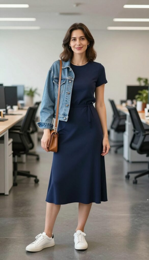 14. Denim Jacket + Midi Dress + Sneakers