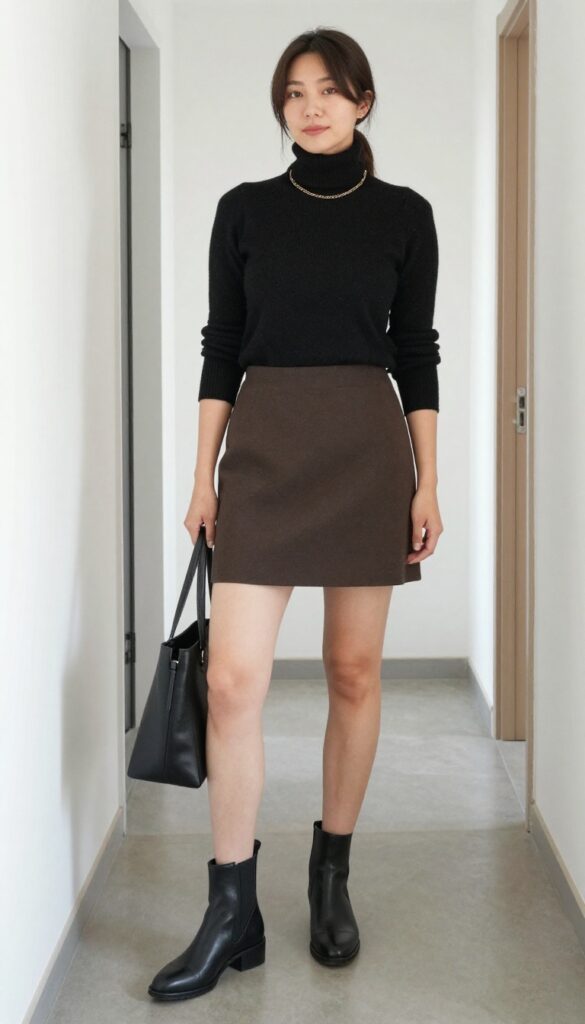 3. Black Turtleneck + Camel A-Line Skirt