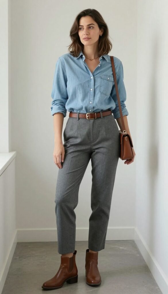 4. Chambray Shirt + Gray Ankle Pants + Brown Belt + Ankle Boots