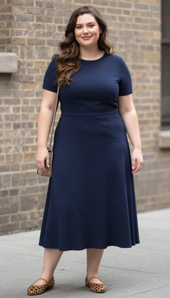 3. Navy Blue Midi Dress with Leopard Flats