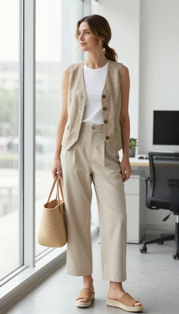 8. Linen Vest with Cropped Trousers and Espadrilles