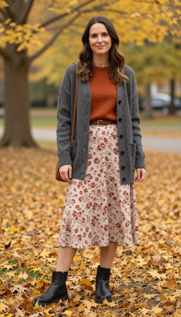 11. Floral Midi Skirt with Chunky Cardigan and Lug-Sole Boots