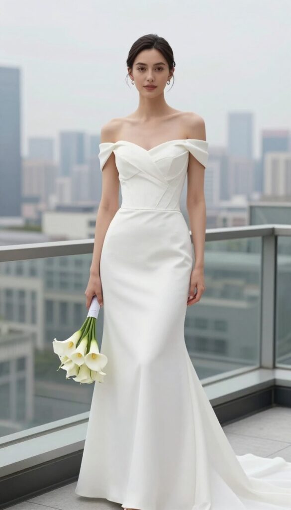 Young woman in minimalist off-the-shoulder corset wedding dress with column silhouette, strappy nude heels, white calla lily bouquet, sleek low updo, on rooftop with city skyline
