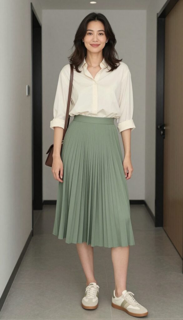 2. Midi Skirt + Button-Down + Retro Sneakers