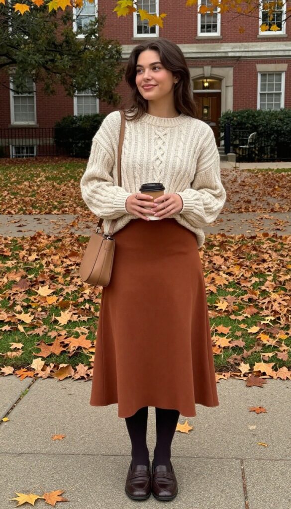 9. Cable-Knit Sweater with a Midi Skirt, Tights, and Loafers