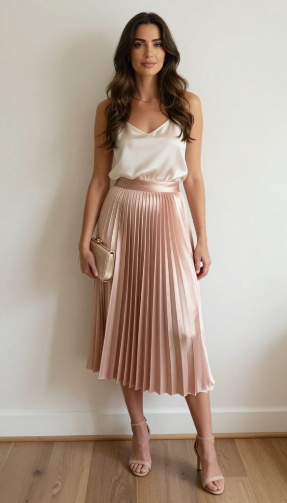 Woman in rose gold pleated midi skirt and ivory silk camisole at wedding reception