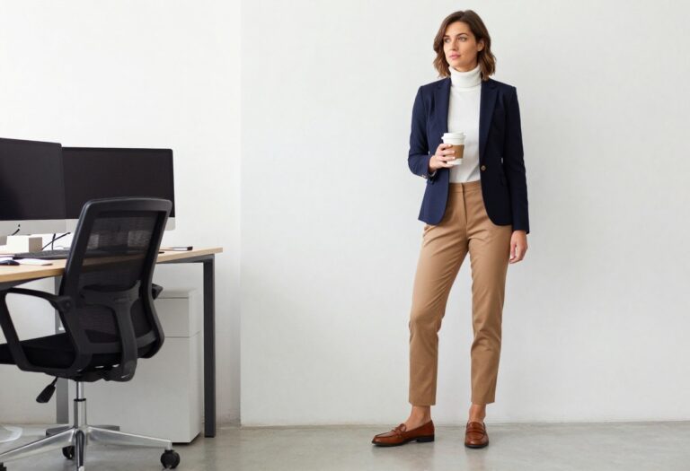 Woman in preppy work outfit with navy blazer and camel trousers standing in office