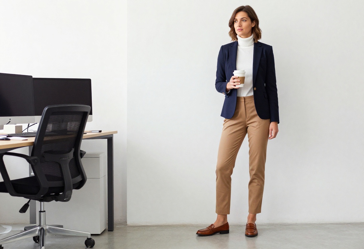 Woman in preppy work outfit with navy blazer and camel trousers standing in office