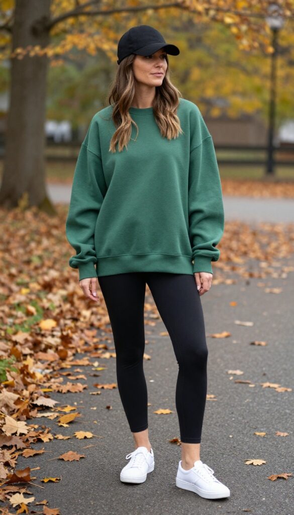 11. Sweatshirt + Leggings + Slip-On Sneakers + Baseball Cap