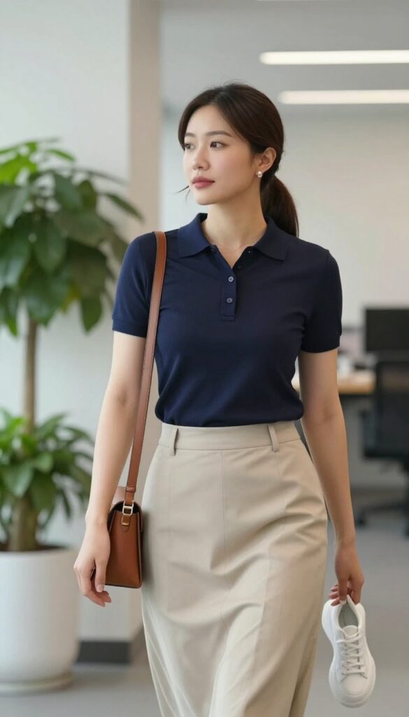 5. Polo Neck Top + Pleated Skirt + Chunky Sneakers