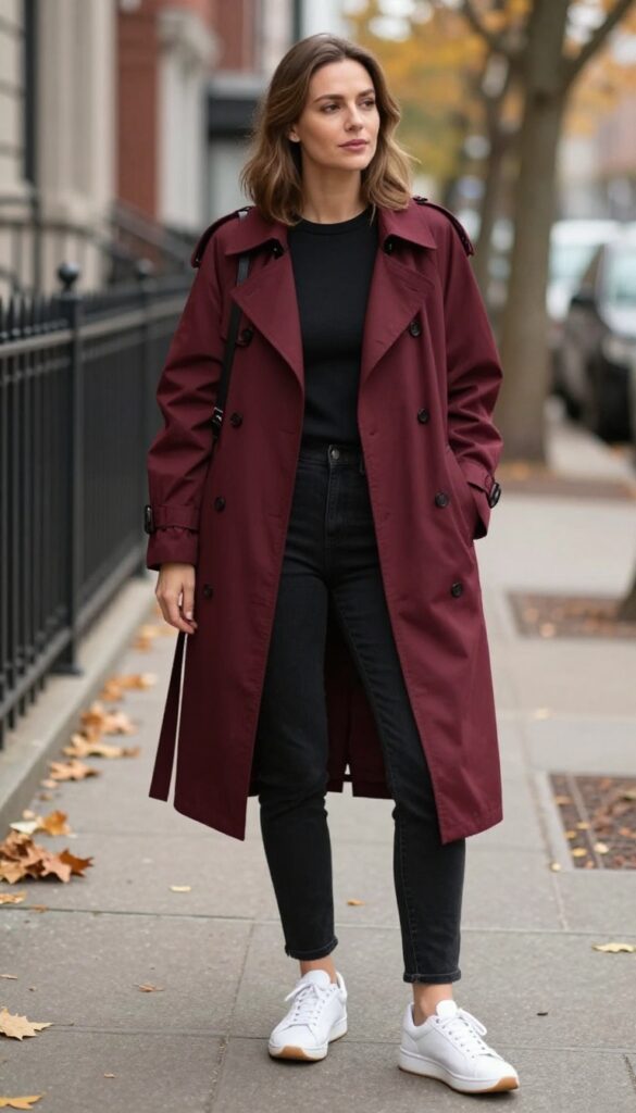 8. Burgundy Trench Coat + All-Black Outfit + White Sneakers