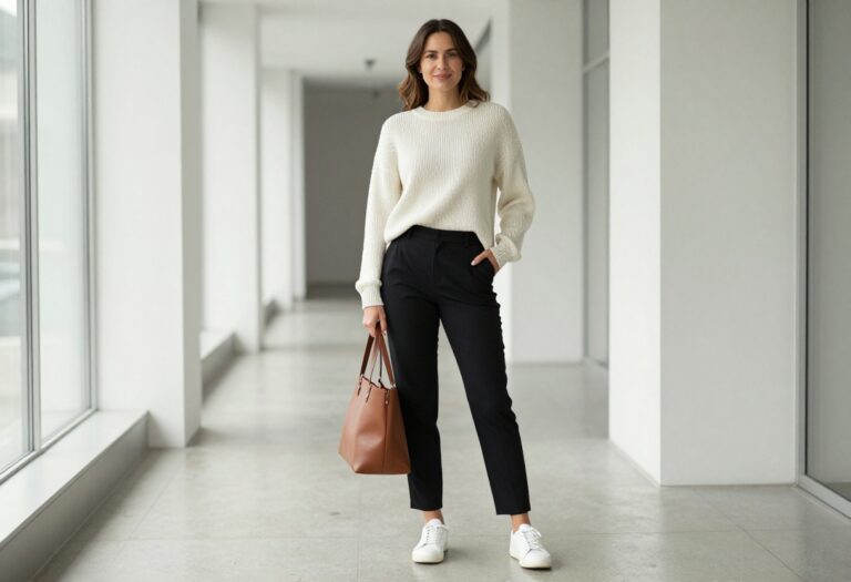 Woman in smart casual office outfit with tailored trousers, knit sweater, and white sneakers, standing in a bright office hallway.