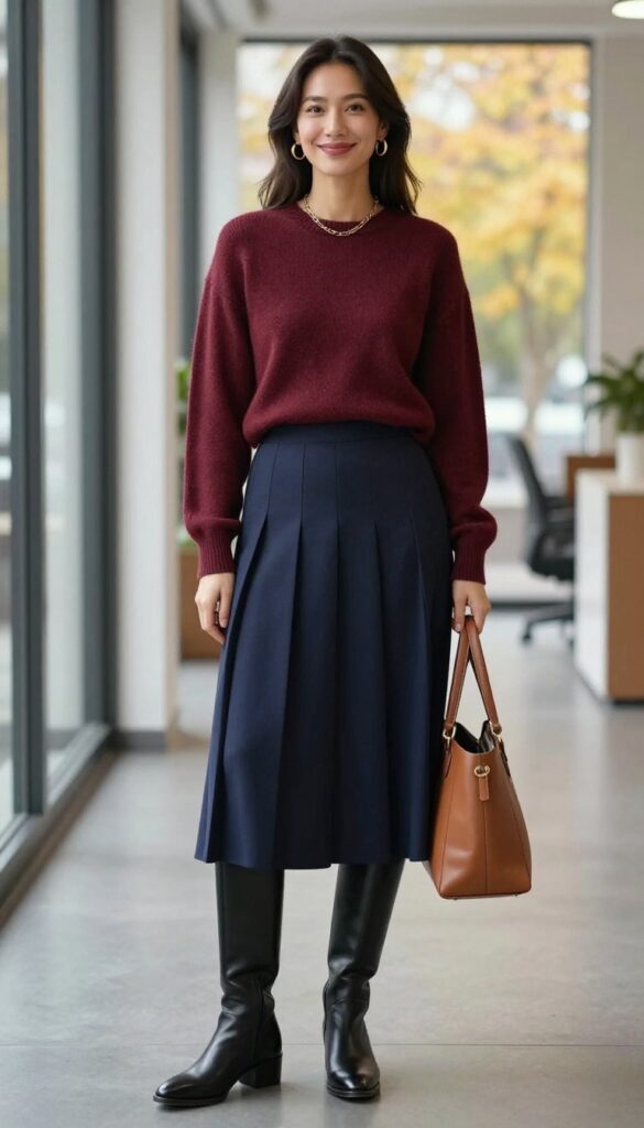 3. Burgundy Sweater + Pleated Midi Skirt + Knee-High Boots