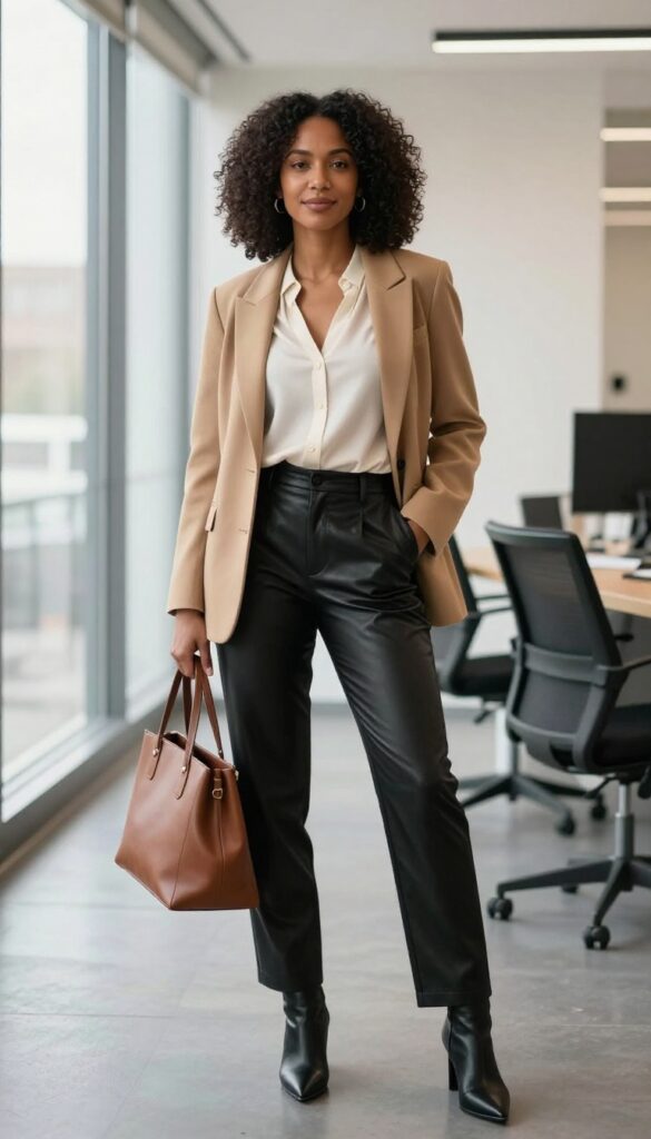 9. Leather Pants with a Soft Blouse