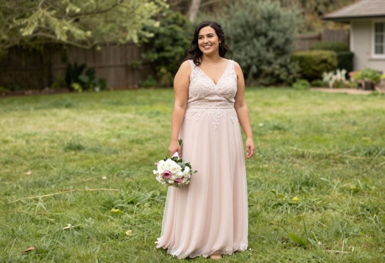 A woman in a blush pink lace wedding dress standing in a garden, holding a bouquet.