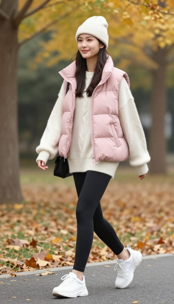 6. Blush Pink Puffer Vest with Chunky Sweater and Leggings