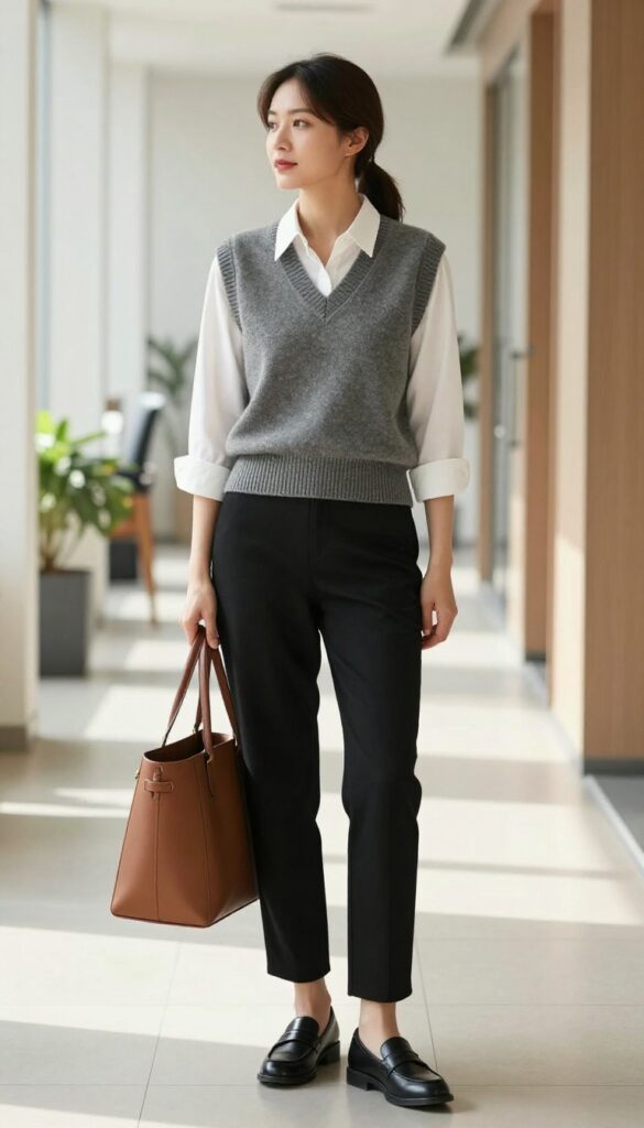 4. Gray Knit Vest + White Button-Down + Black Trousers