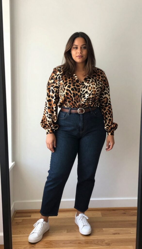 12. Printed Top with Solid Dark Jeans