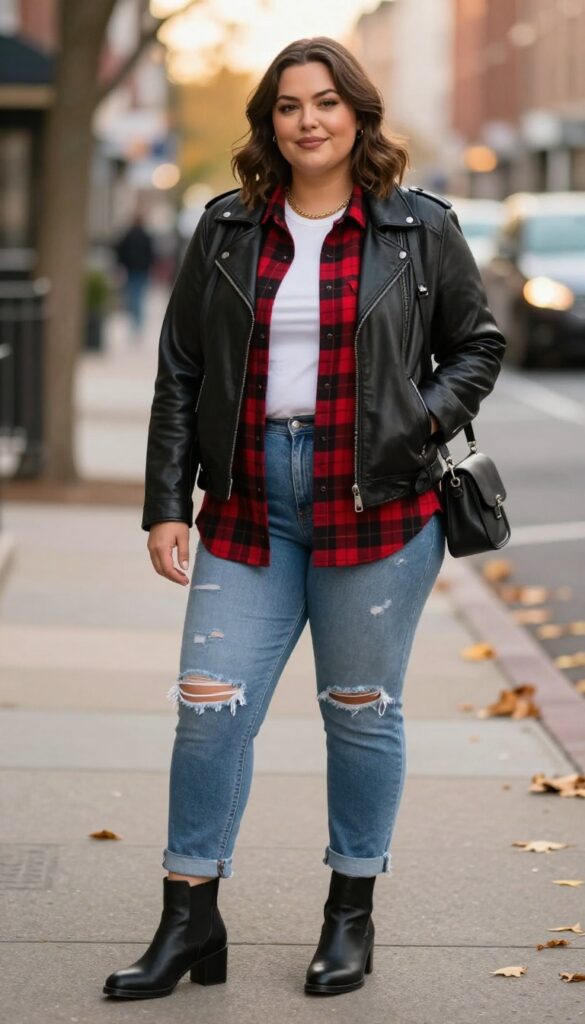 10. Leather Moto Jacket + Plaid Shirt + Ripped Jeans + Ankle Boots