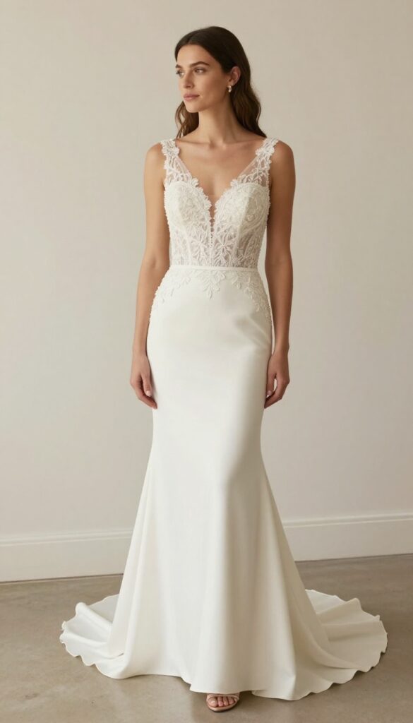 Woman in mermaid wedding gown with illusion beaded back, soft waves, evening ballroom