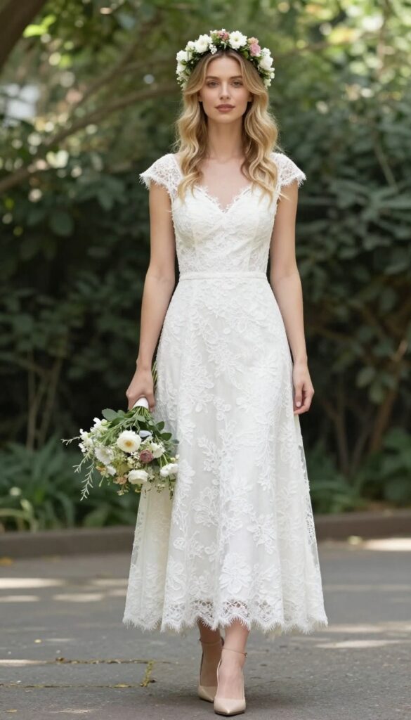 Young woman with fair skin and blonde hair wearing white lace cap sleeves wedding dress and flower crown, standing in sunlit garden