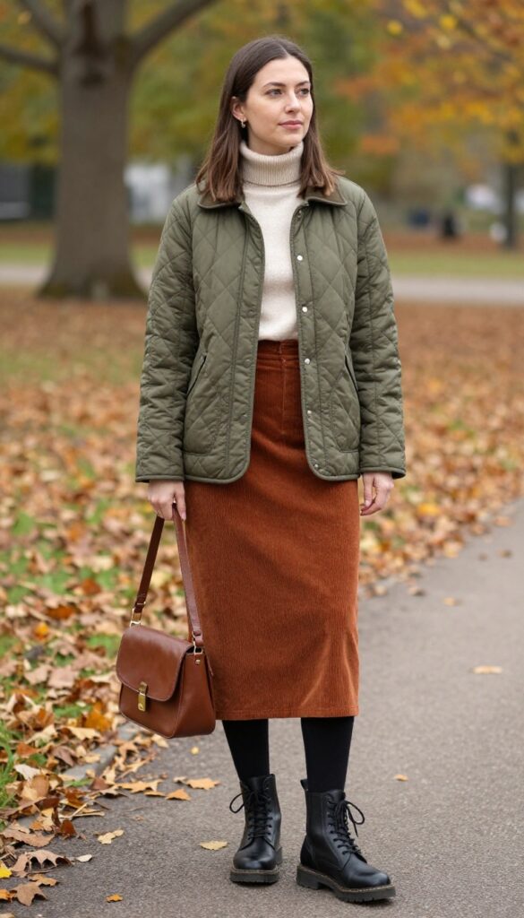14. Quilted Jacket + Turtleneck + Corduroy Skirt + Tights