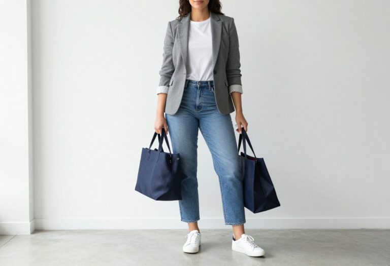 Woman in blazer, jeans, and white sneakers standing in office hallway