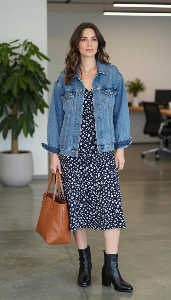 13. Denim Jacket + Midi Dress + Ankle Boots