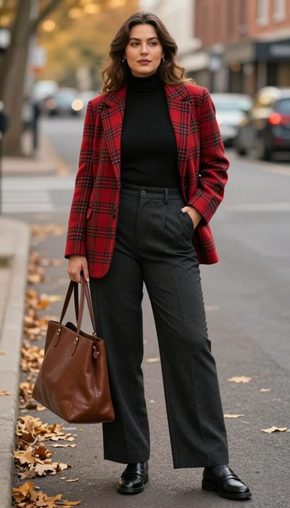 2. Plaid Blazer over a Turtleneck with Wide-Leg Trousers